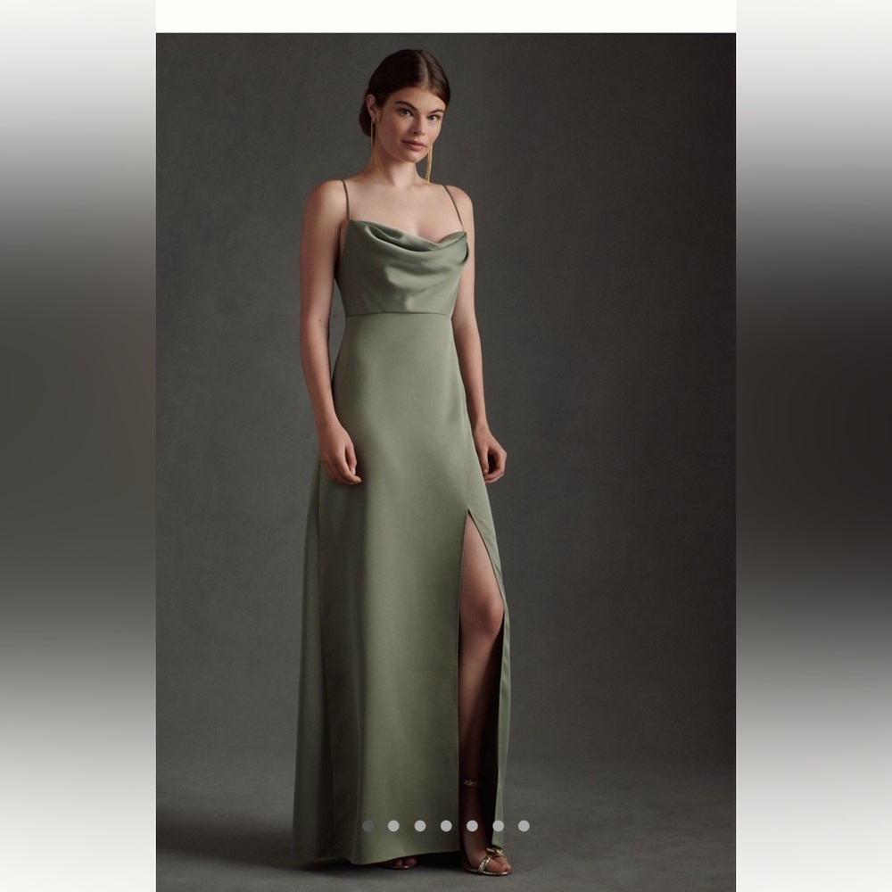 Anthropologie BHLDN REMY COWL-NECK FAUX-WRAP SATIN GOWN in Moss color